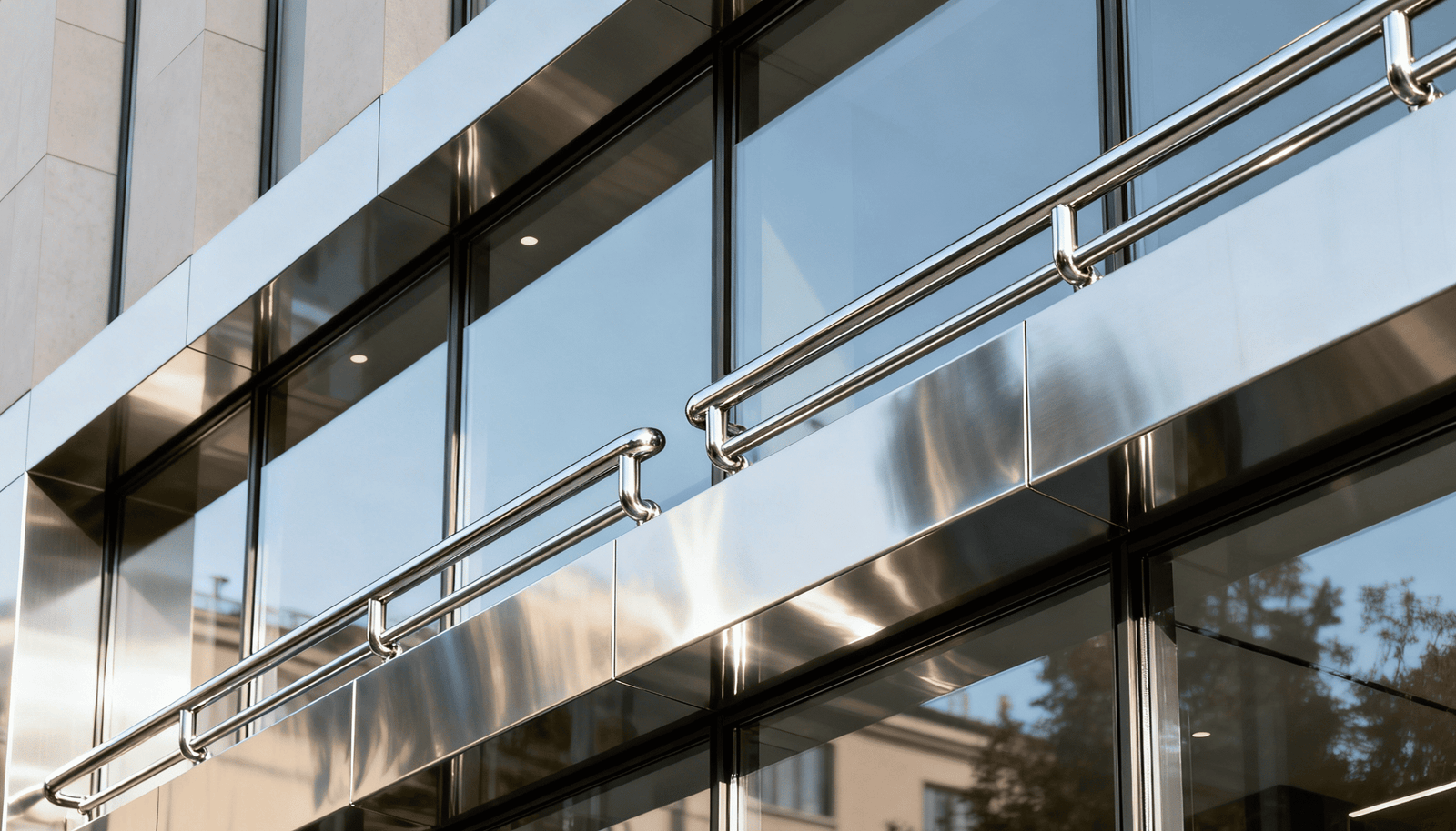 FACHADA ARQUITECTONICA EN VIDRIO CON BARANDA